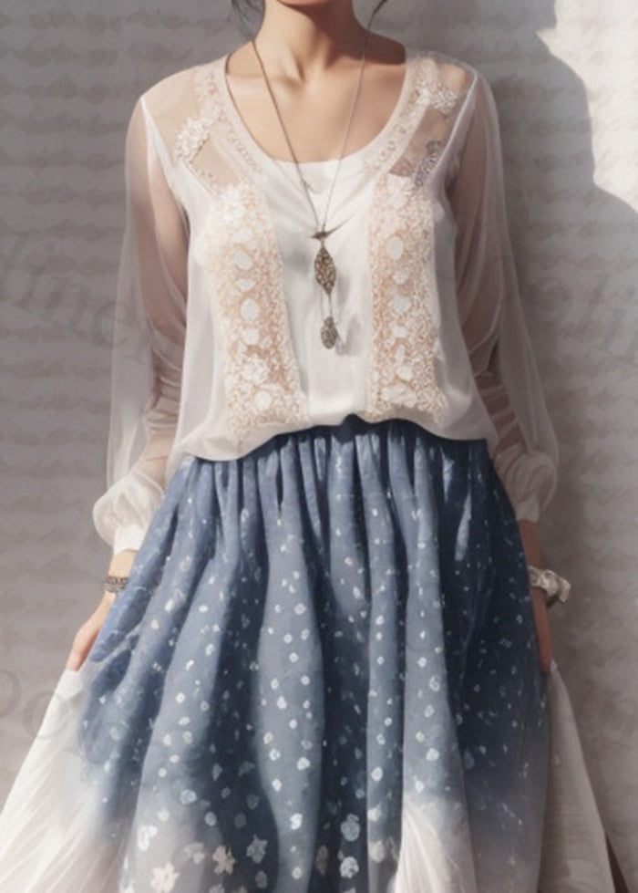 White Print Hollow Out Silk Robe Dresses Summer