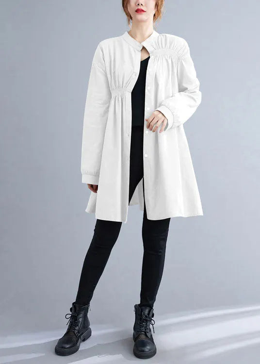 White Stand Collar Button Wrinkled Fall Shirt Top Long Sleeve