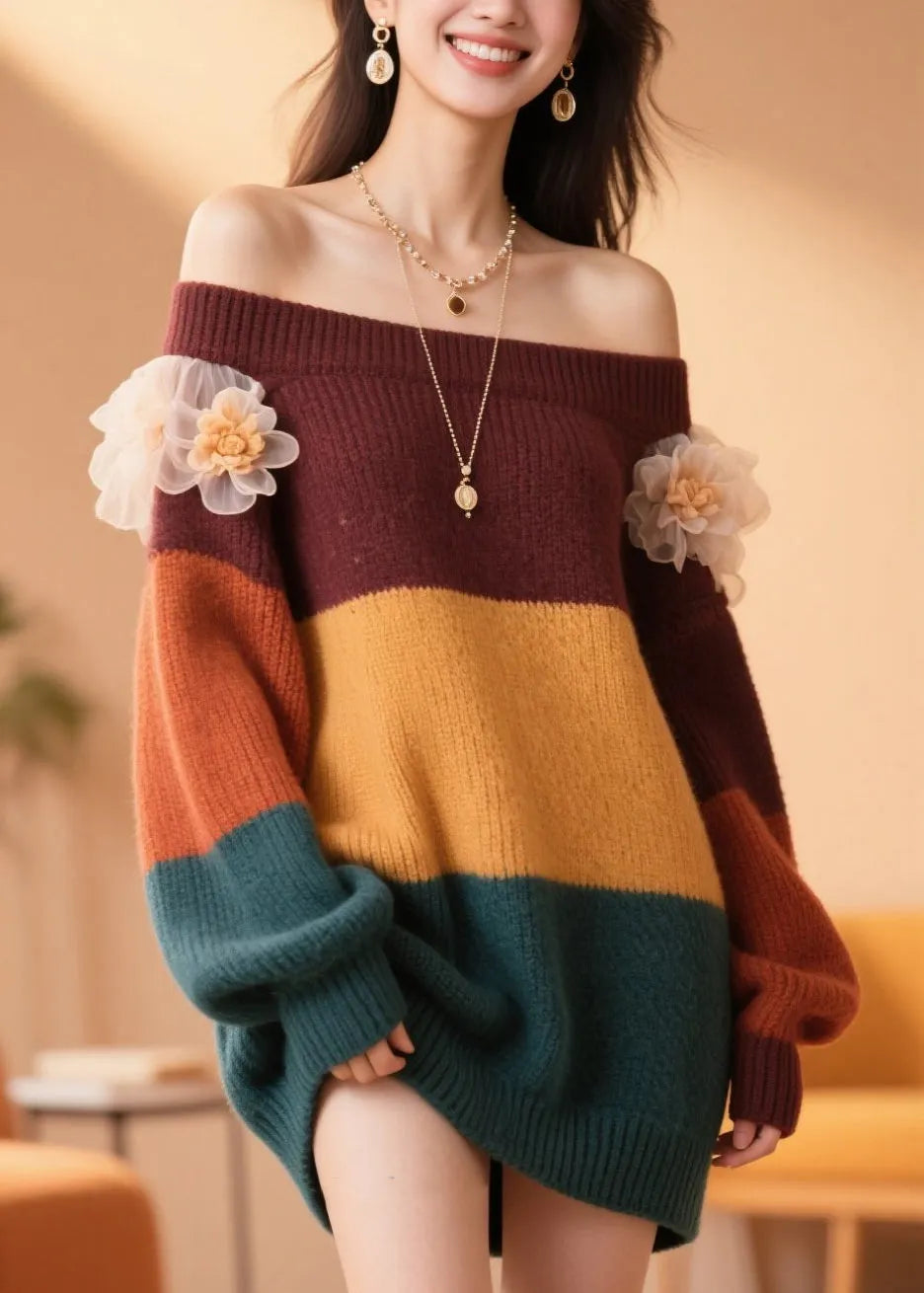 Handmade Colorblock Cold Shoulder Patchwork Knit Sweater Fall