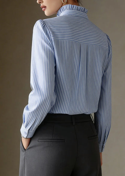 Blue Ruffled Striped Cotton Shirt Tops Spring