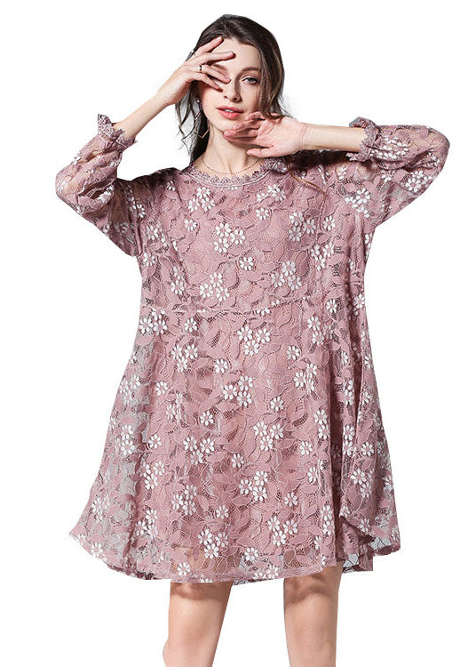 Handmade Red Patchwork O-neck Fall Lace Dress