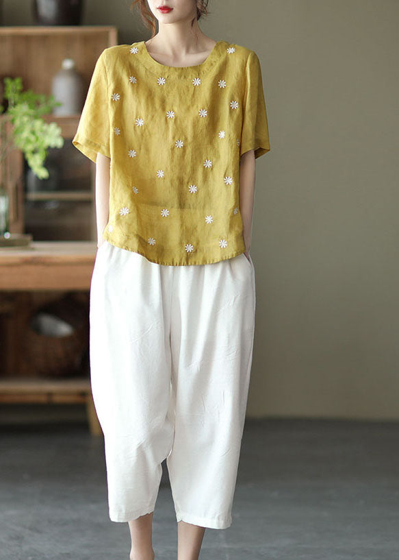 Yellow O-neck Linen Shirt Top Short Sleeve