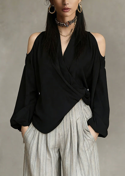 Black V Neck Cold Shoulder Top Spring