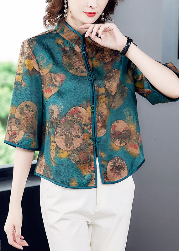 Green Stand Collar Print Patchwork Silk Blouse Top Summer