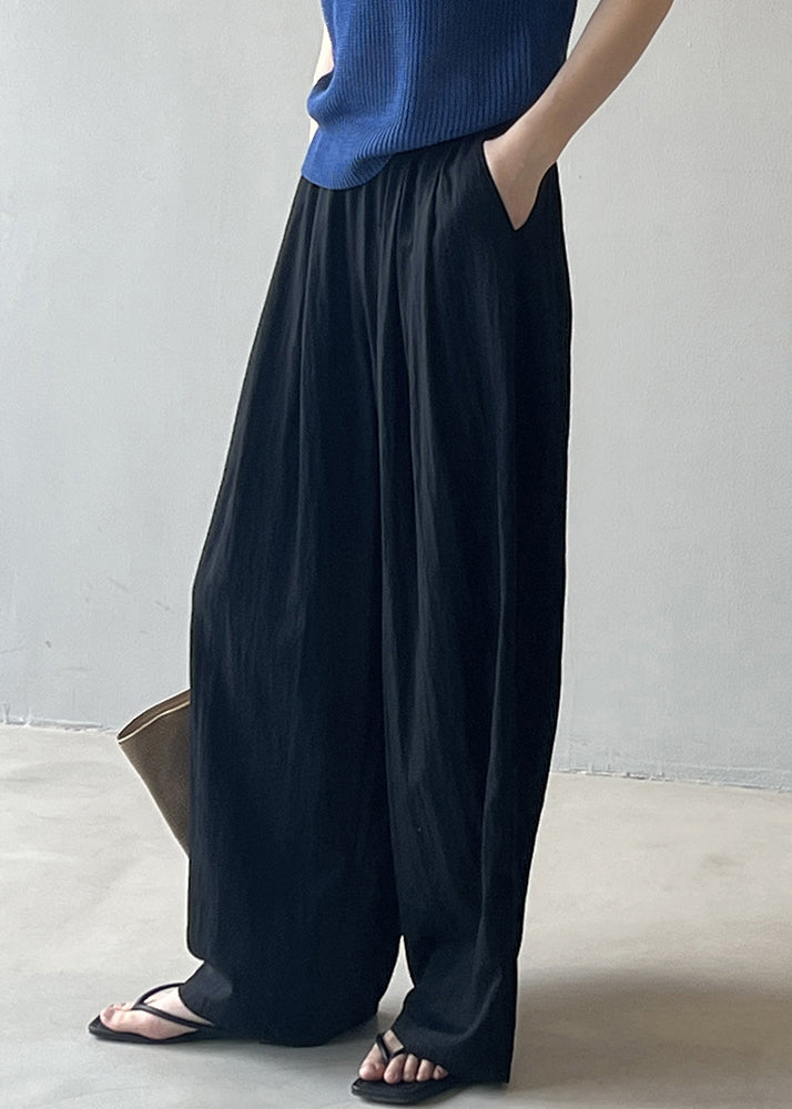 Modern Blue Pockets Elastic Waist Cotton Straight Pants Spring