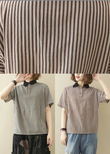 Art Khaki Striped Patchwork Linen Summer Top