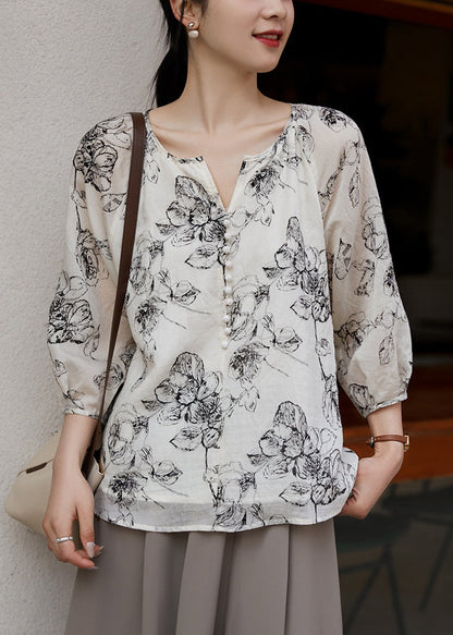 White Oversized Print Cotton Shirts Bracelet Sleeve