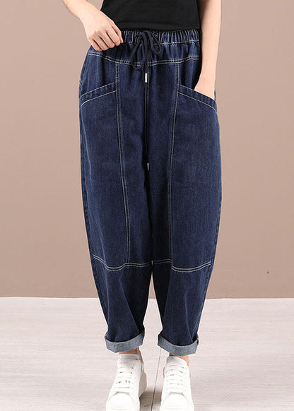 Blue Tie Waist Pockets Fall Patchwork Harem Pants
