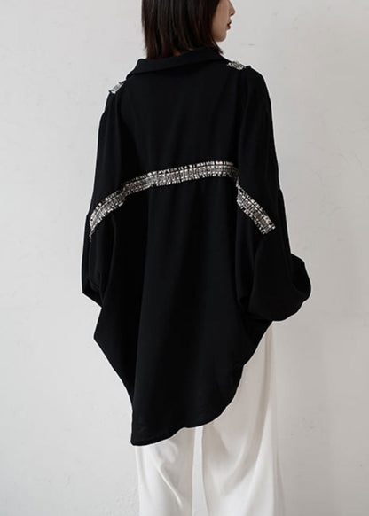 Black Button Pockets Patchwork Chiffon Shirt Fall