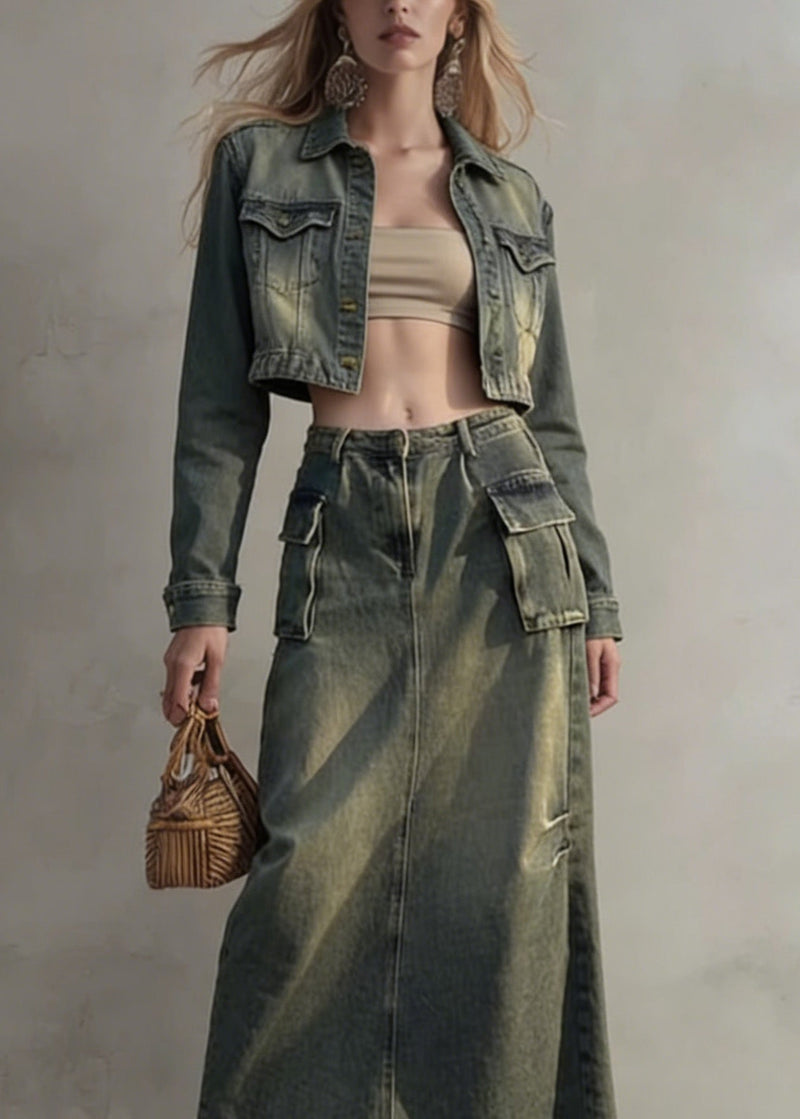 Stylish Peter Pan Collar Coat and Skirts Denim Two Pieces Set Spring