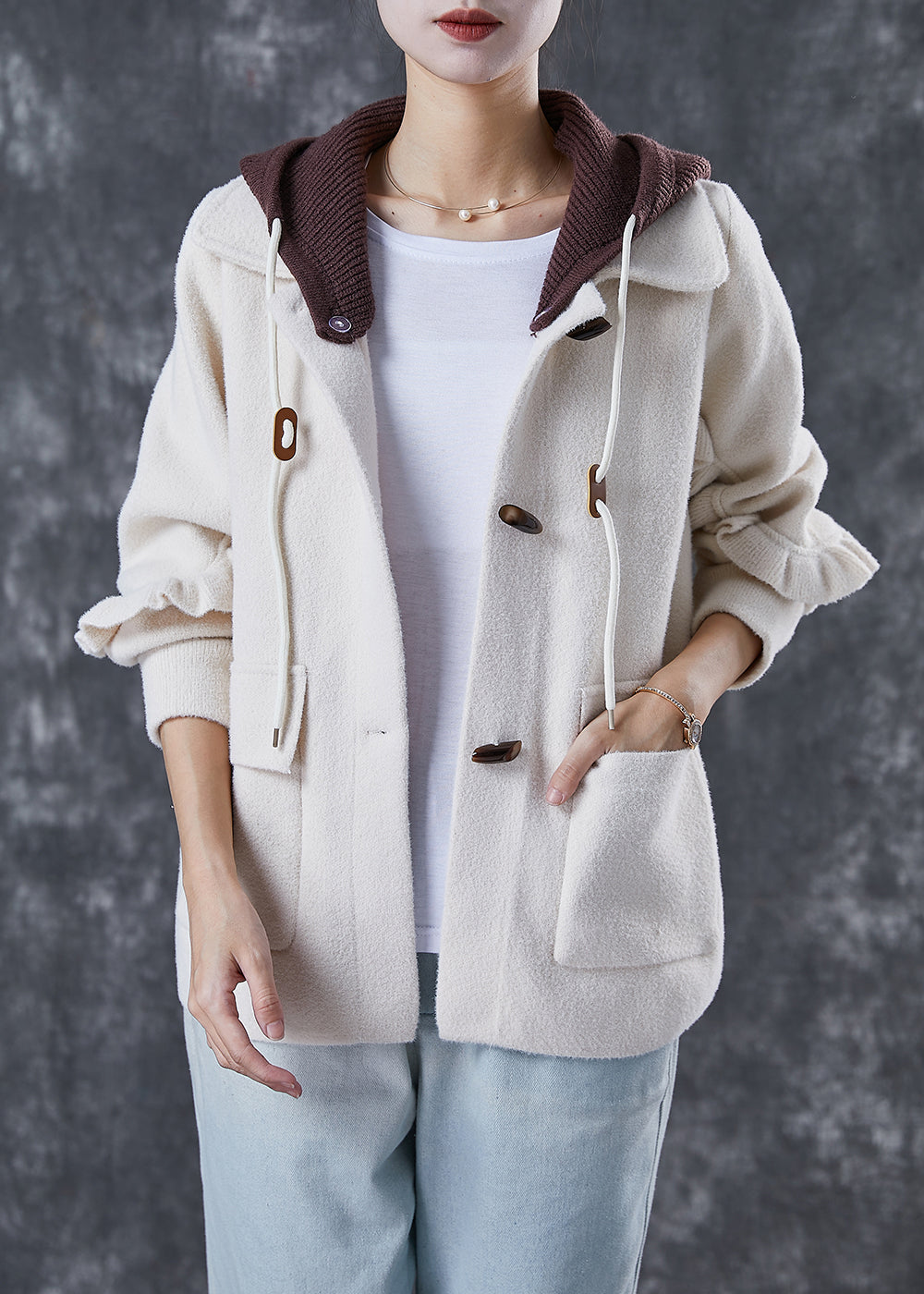 White Hooded Patchwork Ruffled Woolen Coats Spring