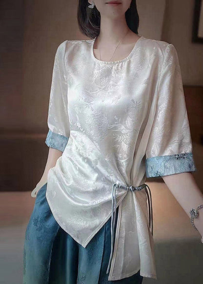 White O-neck Asymmetrical Print Patchwork Drawstring Shirt Bracelet Sleeve
