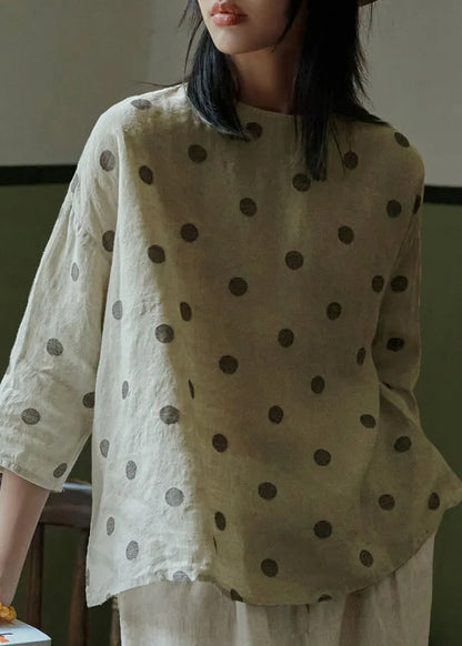 O Neck Dot Jacquard Linen Blouse Tops Bracelet Sleeve