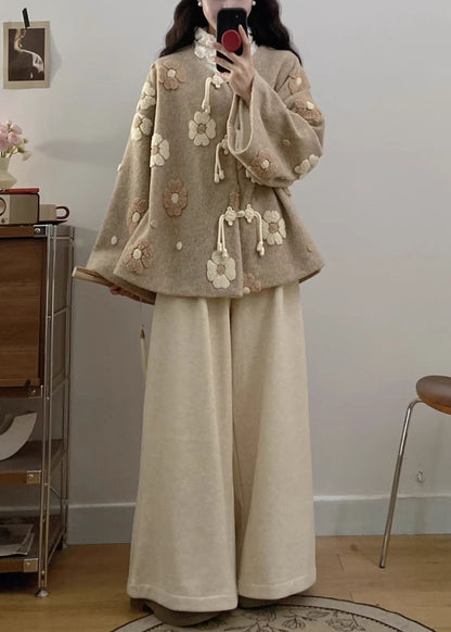 Apricot Chinese Button Coat and Wide Leg Pants Woolen Two Pieces Set Fall