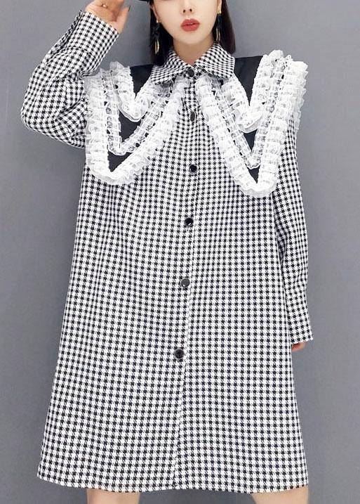 Italian Grey Plaid Peterpan Collar Button Dresses Fall Long Sleeve