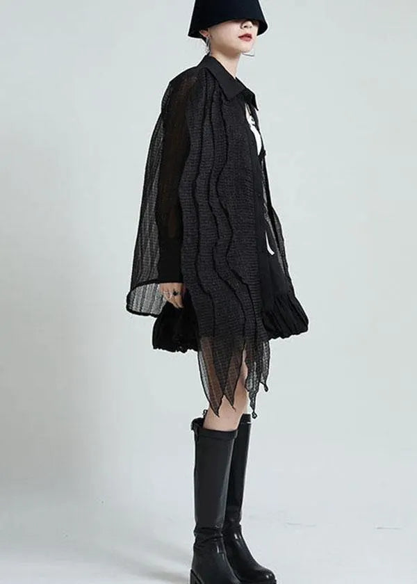 Boutique Black Peter Pan Collar Patchwork Asymmetrical Design Shirt Long Sleeve