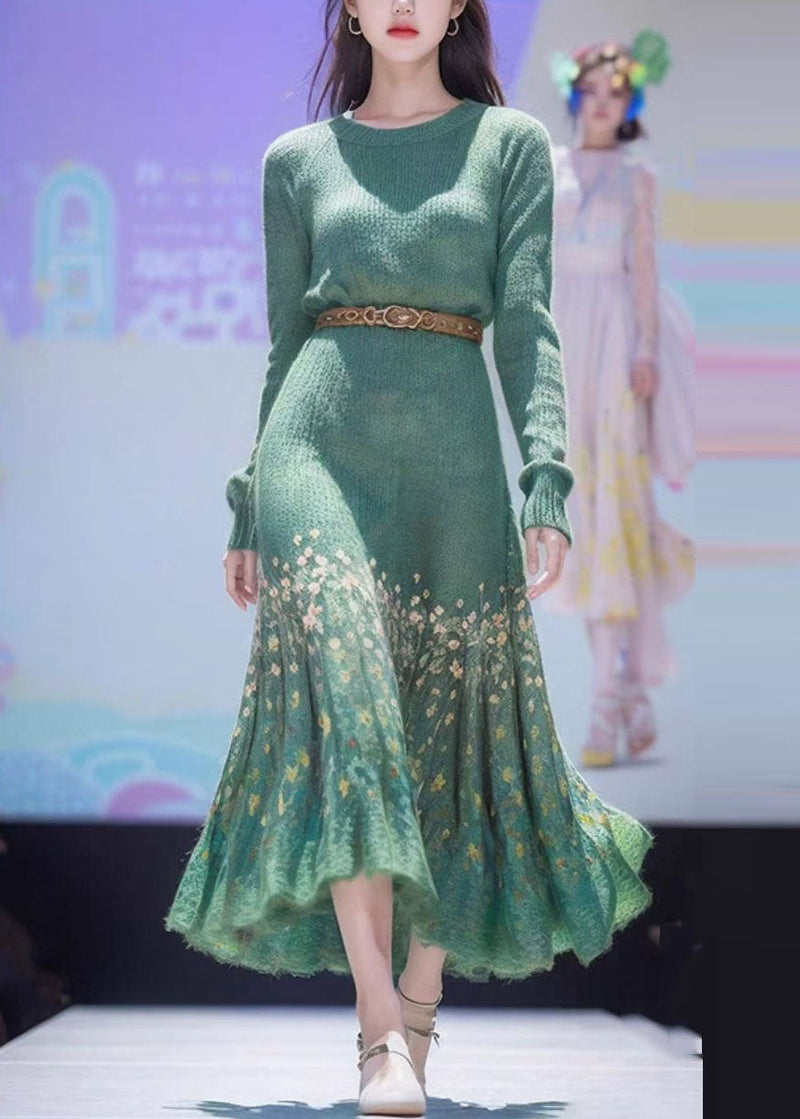 Green Print High Waist Cotton Knit Sweater Dress Winter