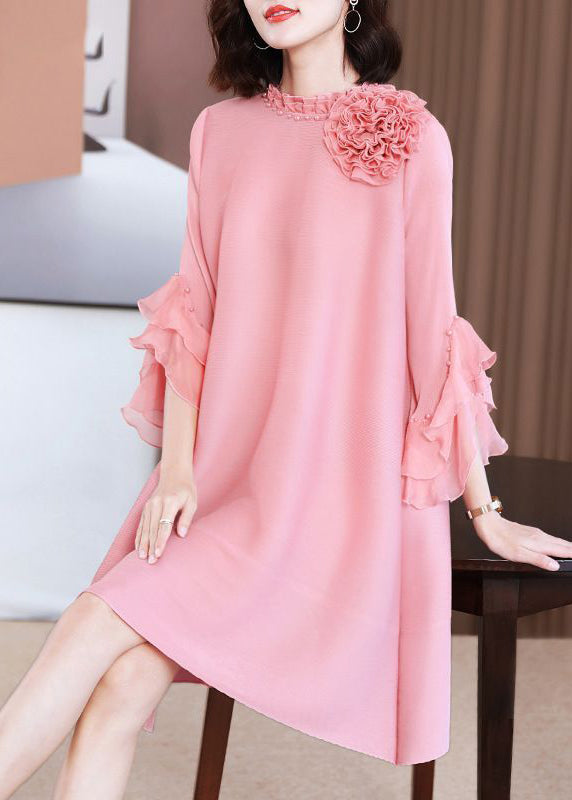 Pink Stand Collar Nail Bead Vacation Dresses Petal Sleeve Summer