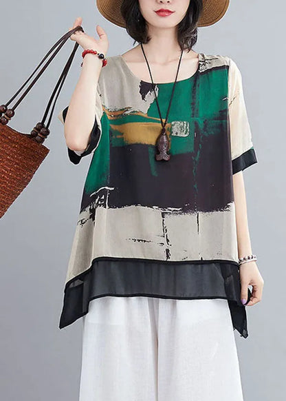 Green Asymmetrical Design Print Chiffon Tank Tops Short Sleeve