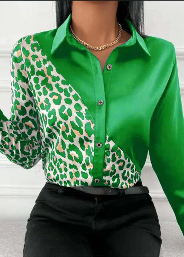 Black Peter Pan Collar Patchwork Leopard Print Silk Shirts Long Sleeve