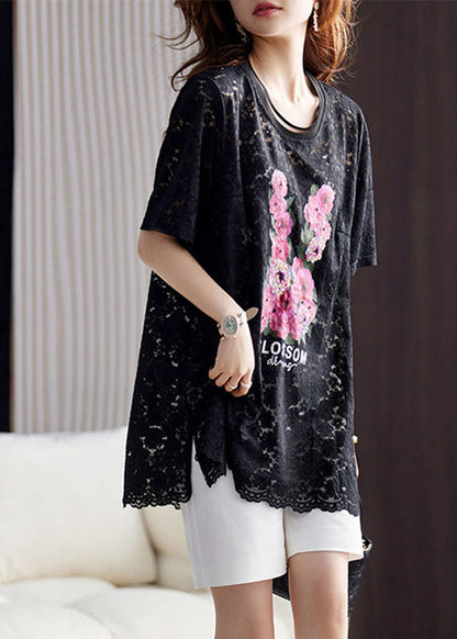 Black O-neck Print Hollow Out Lace Top Short Sleeve