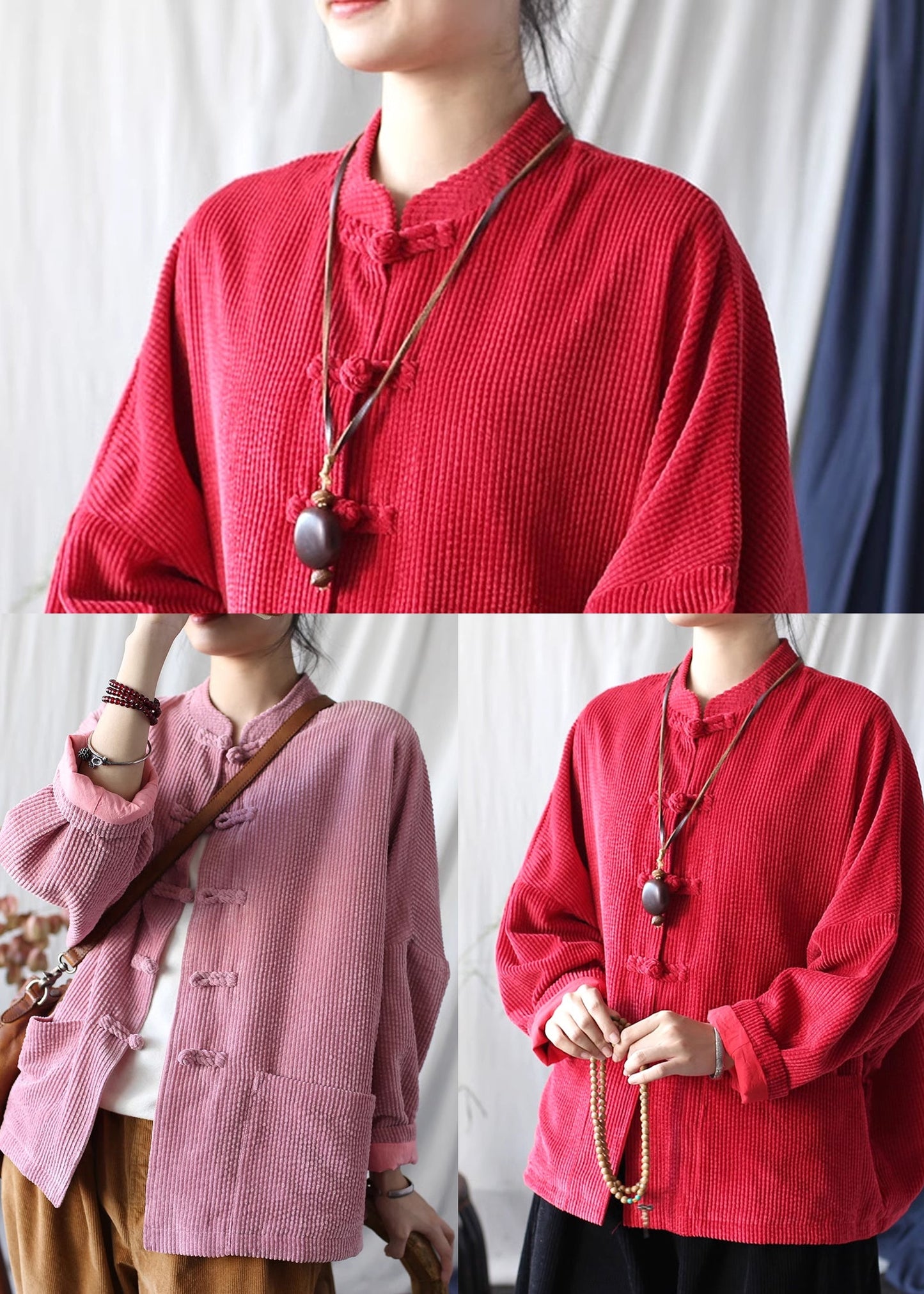 Red Chinese Button Pockets Corduroy Jackets Spring