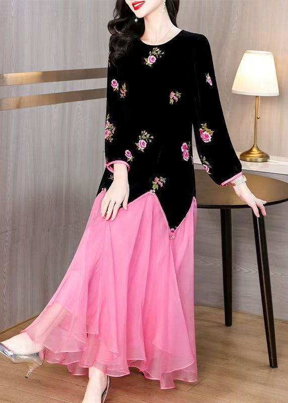 Black Embroidered Patchwork Silk Velour Long Dress Spring