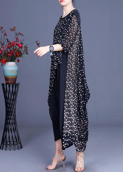 Black Patchwork Dot Summer Silk Sundress Half Sleeve