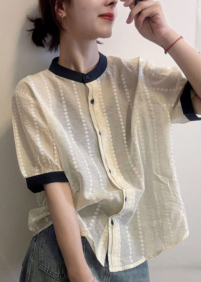 Apricot Embroidered Button Cotton Shirts Summer