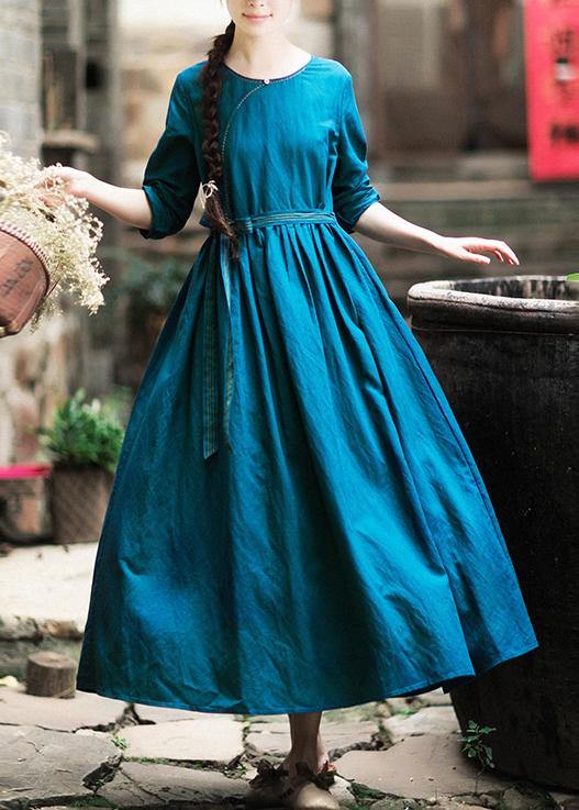 Vivid Tie Waist O Neck Spring Clothes Pattern Blue Dresses