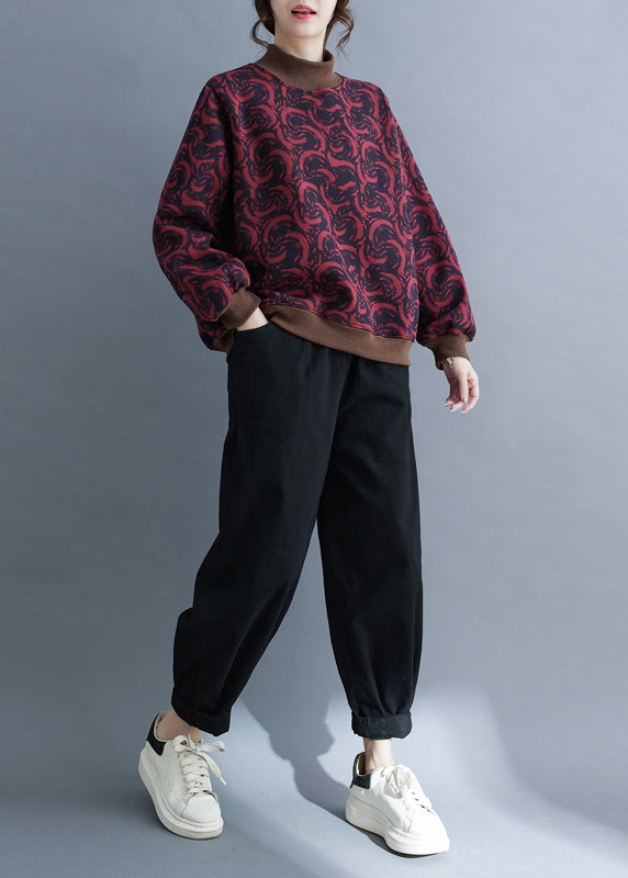 Mulberry Stand Collar Print Warm Fleece Pullover Spring