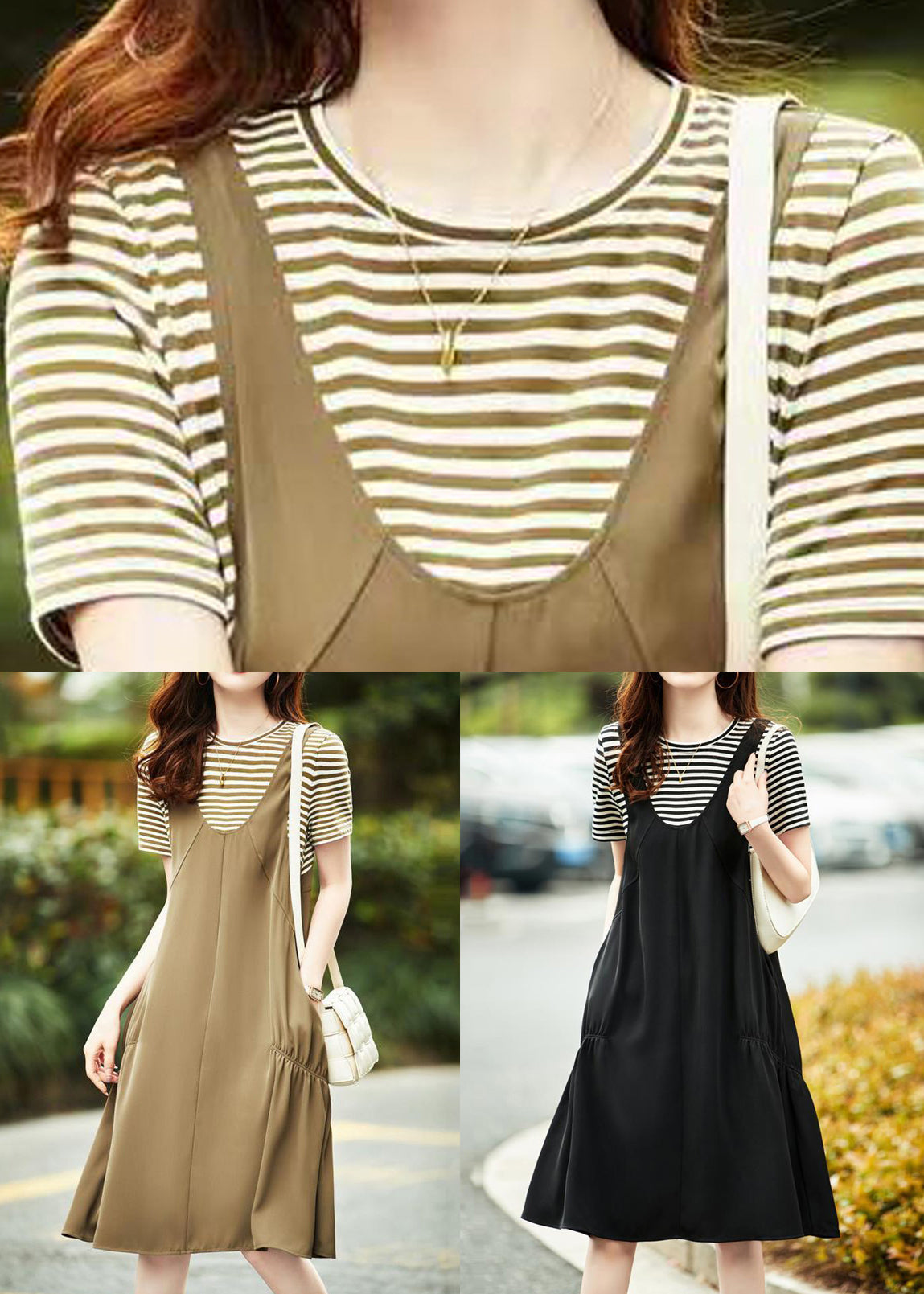 Khaki O Neck Pockets Patchwork Cotton Dresses Summer