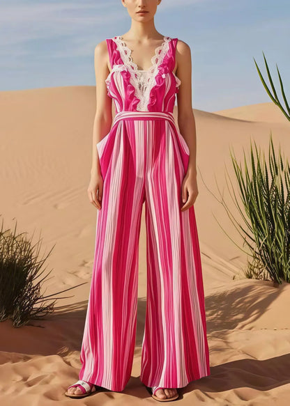 Stylish Rose Striped Ruffled Cotton Overalls Jumpsuit Summer