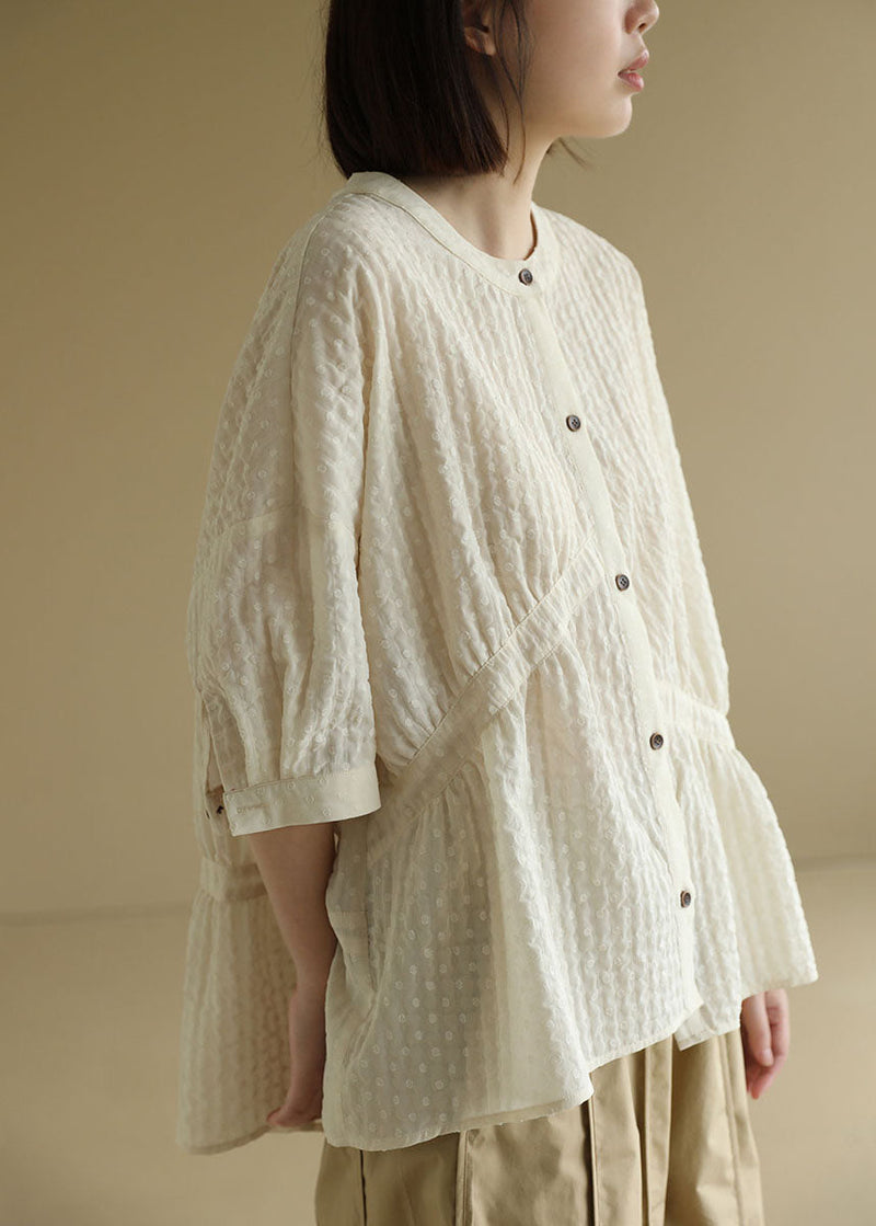 Beige O-neck Oversized Wrinkled Shirt Top Bracelet Sleeve