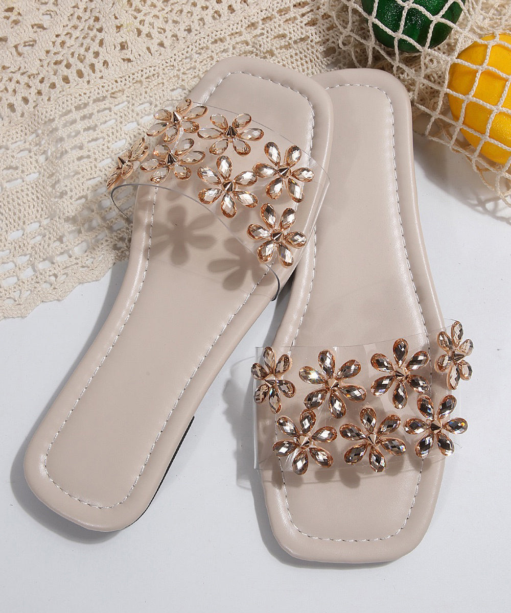 Beige Slide Sandals Peep Toe Zircon