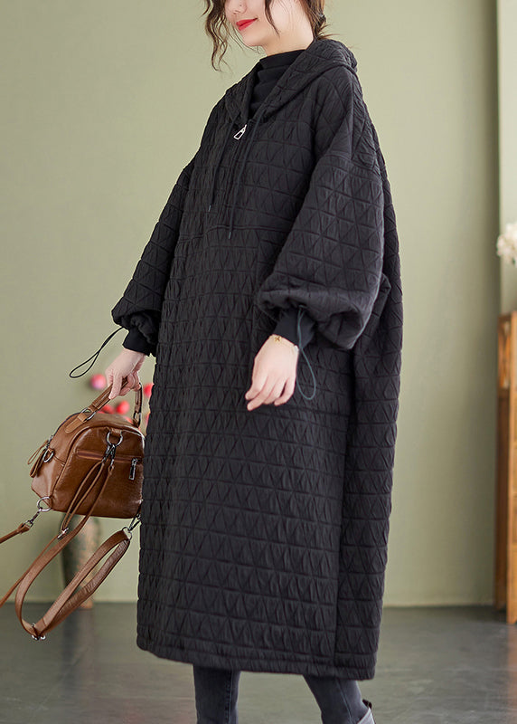 Black Hooded Patchwork Fine Cotton Filled Dresses Winter