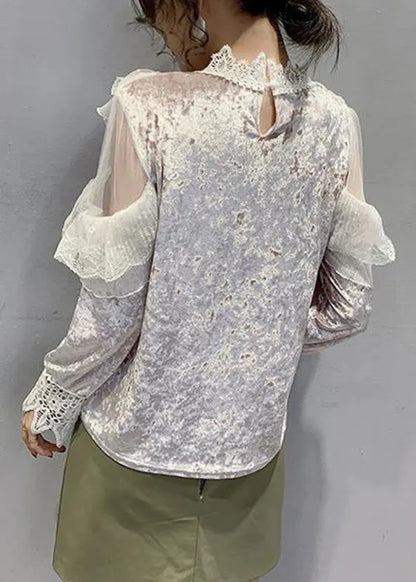 Pink Turtleneck Velour Lace Patchwork Tulle Tops Bottoming Shirt