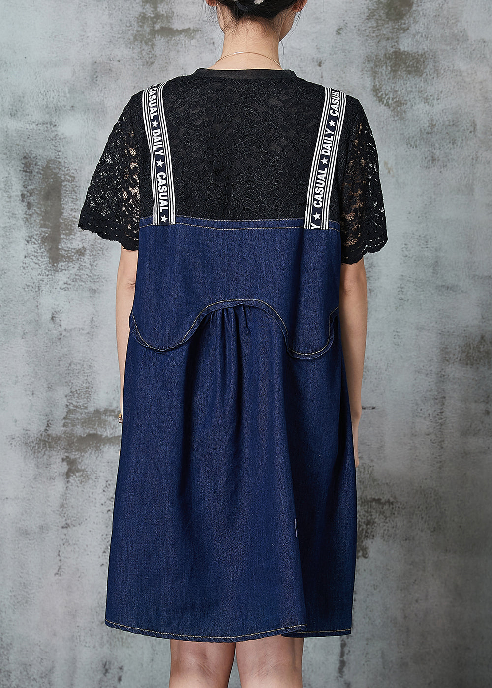 Navy Patchwork Denim Fake Two Piece Dress Summer