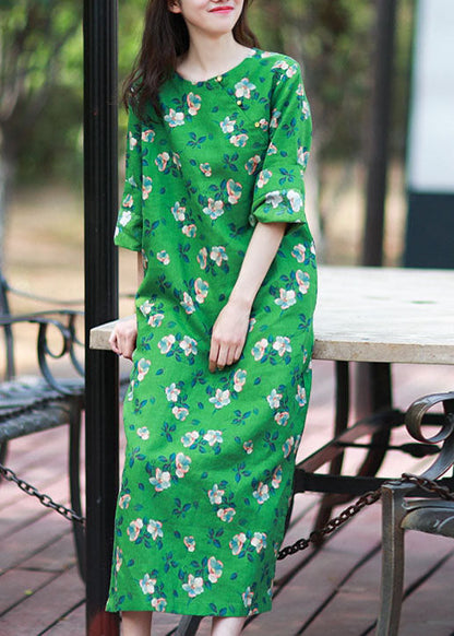 Green Print Side Open Linen Long Dress Spring