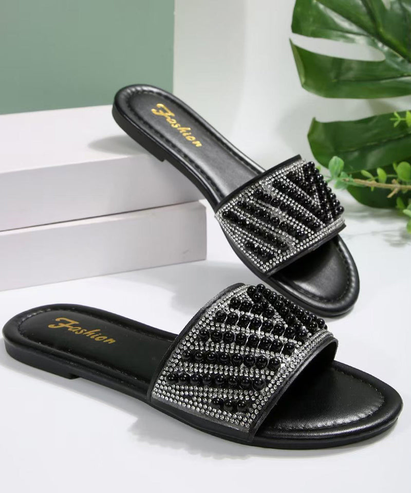 Zircon Splicing Black Faux Leather Slide Sandals