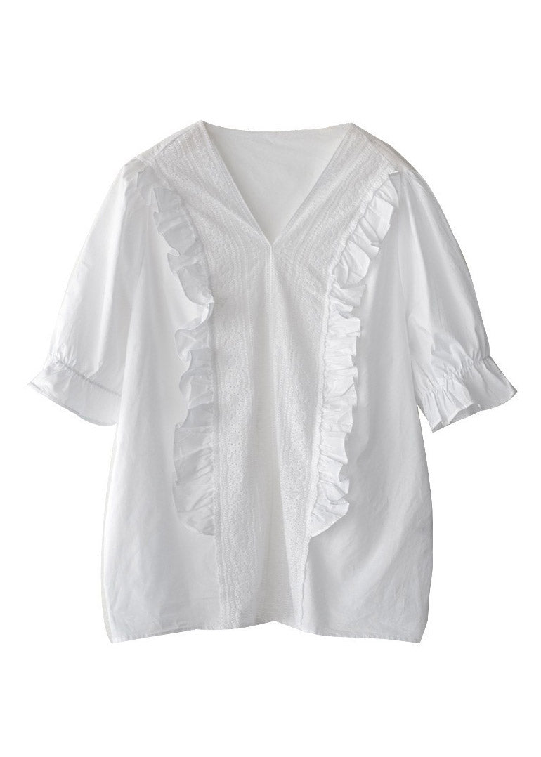 White V Neck Ruffled Linen T Shirt Half Sleeve