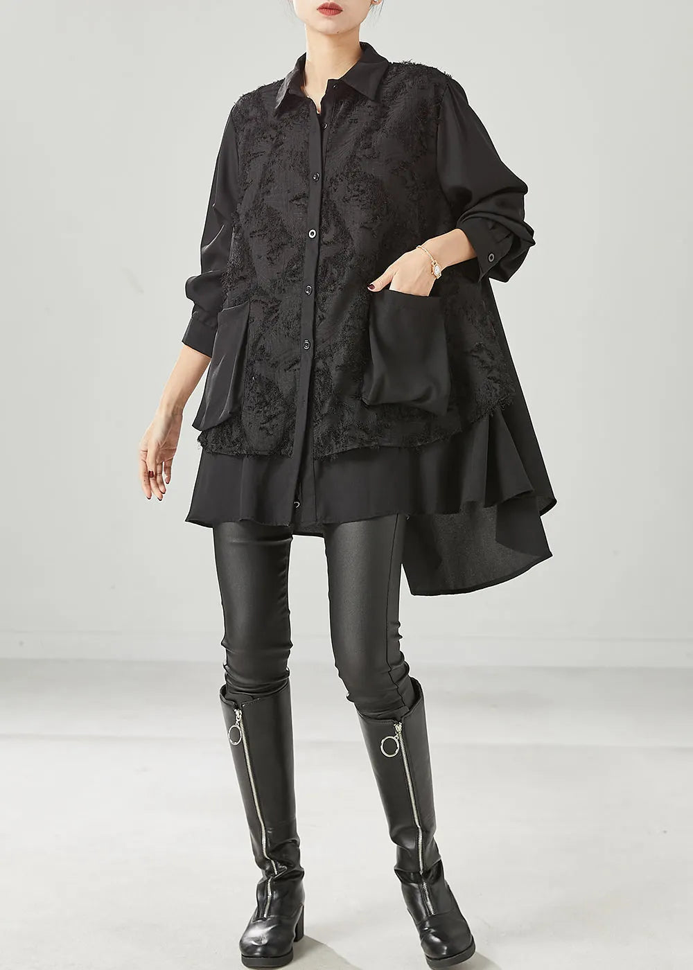 Black Asymmetrical Patchwork Cotton Shirt Dress Spring