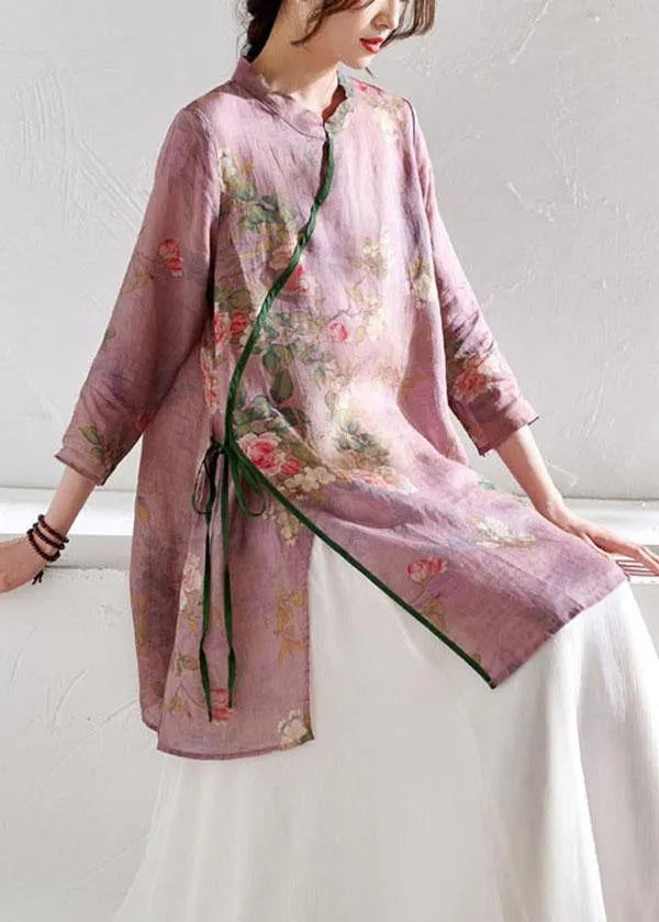 Light Purple Print Tie Waist Asymmetrical Design Spring Summer Ramie Shirt
