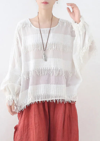 White Cotton Pullover Tops Tassel Side Open Lantern Sleeve