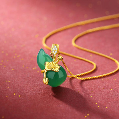 Buddha Stones Cyan Jade Gourd Lotus Leaf Abundance Pendant Necklace