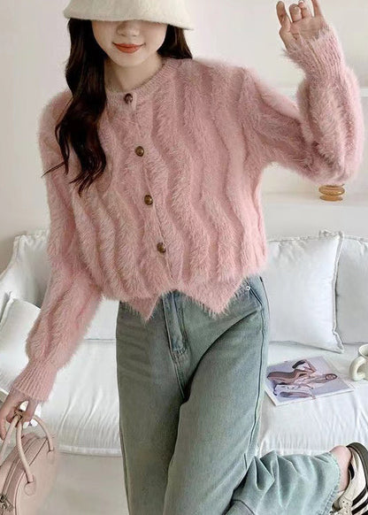French Pink O Neck Button Mink Hair Knitted Cardigan Fall