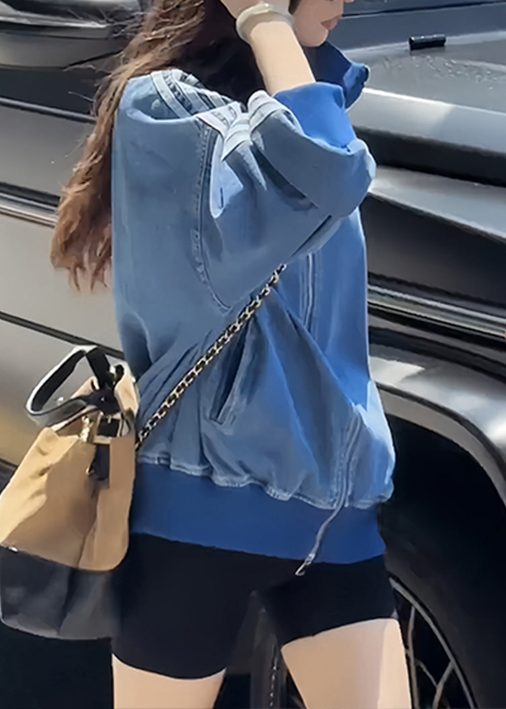 Blue Zip Up Striped Pockets Denim Coats Fall