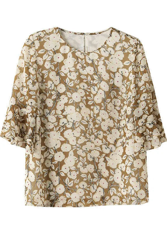 French Green O-neck Print Chiffon Shirt Top Flare Sleeve