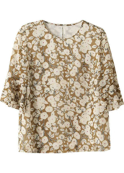 French Green O-neck Print Chiffon Shirt Top Flare Sleeve