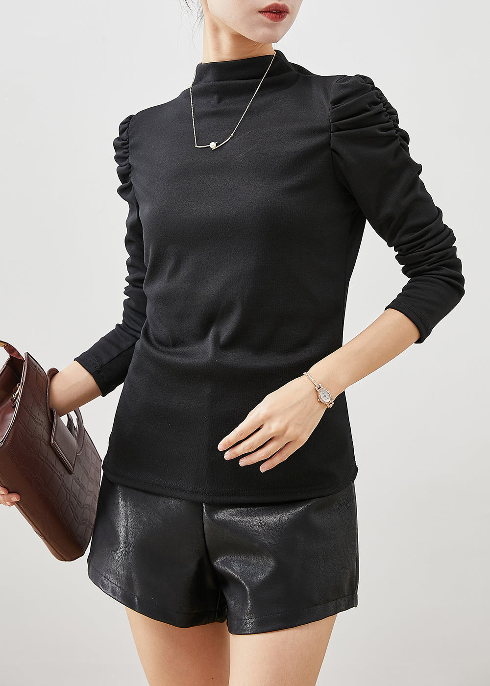 Black Puff Sleeve Silm Fit Cotton Top